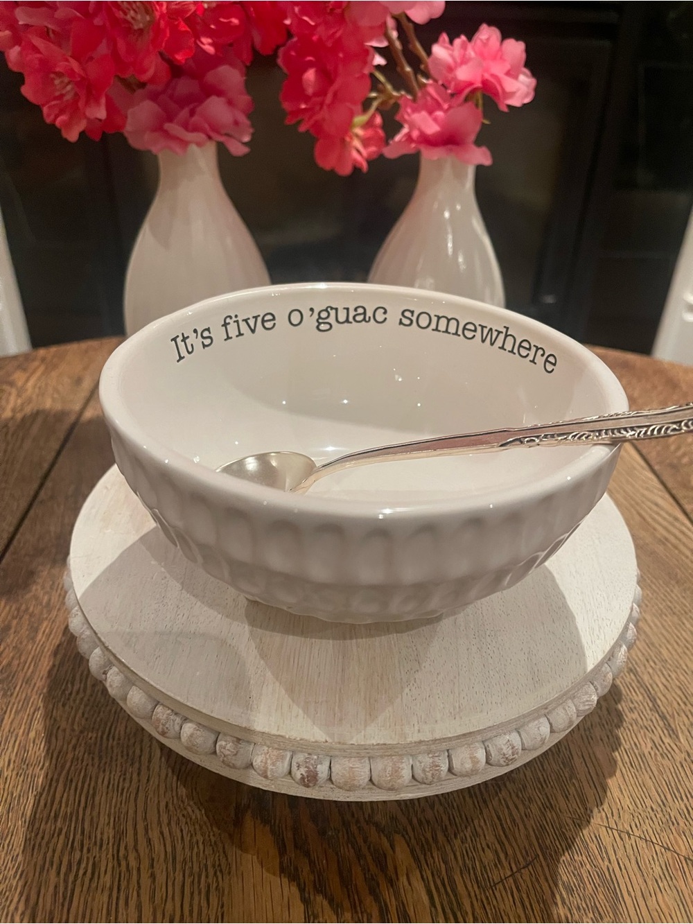 Mud Pie Ceramic Serving Bowl - White with 'It's five o'guac somewhere'